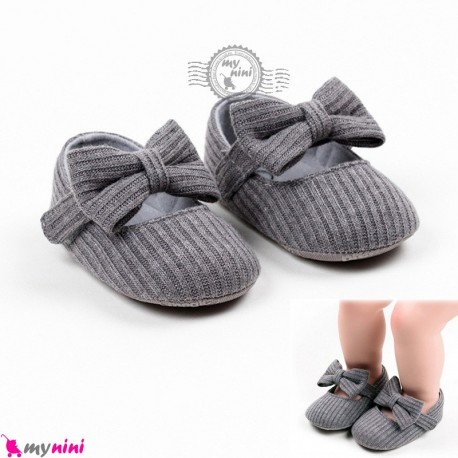 کفش دخترانه نوزاد و کودک کبریتی پاپیون طوسی Baby girl footwear