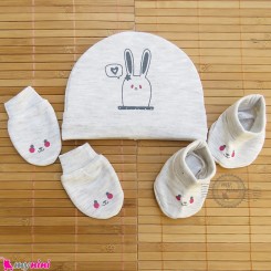 ست کلاه دستکش پاپوش نوزاد نخ پنبه ای طوسی خرگوش مارک آی استار baby cotton hat Set