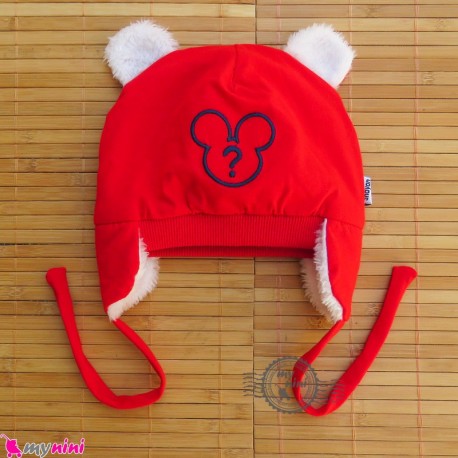 کلاه روگوشی گرم نوزاد داخل خزدار میکی موس قرمز Baby warm hats