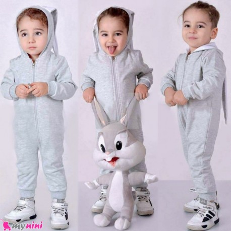 سرهمی بچه گانه نخ پنبه ای دورس خرگوش طوسی گوش دار Baby rabbit jumpsuits