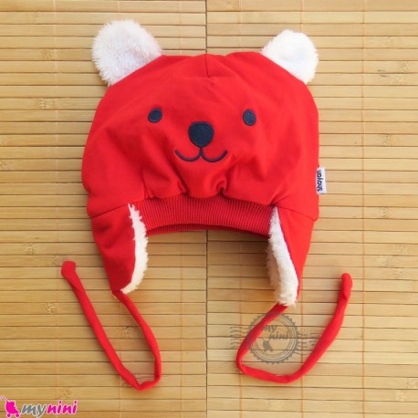 کلاه روگوشی گرم نوزاد داخل خزدار خرس پو قرمز Baby warm hats