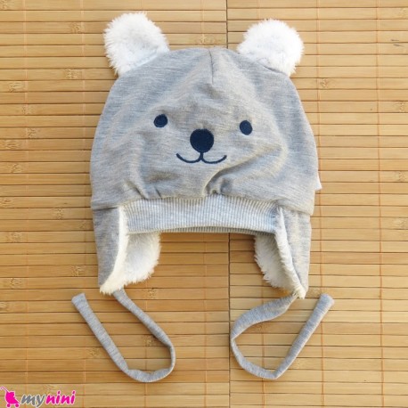 کلاه روگوشی گرم نوزاد داخل خزدار خرس پو طوسی Baby warm hats
