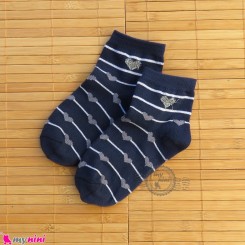 جوراب بچگانه نخی قلبی راه راه سرمه ای Baby cotton socks