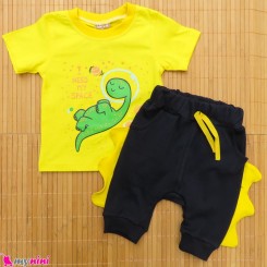 ست تیشرت و شلوارک نخ پنبه ای بچگانه زرد سرمه ای دایناسور baby clothes set