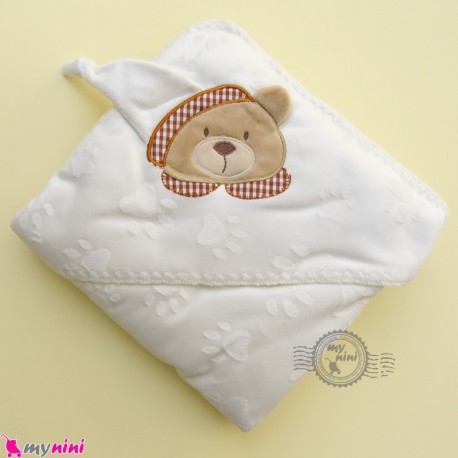 پتو نوزاد و کودک کلاه دار 2 لایه شیری خرس baby hooded fleece blanket
