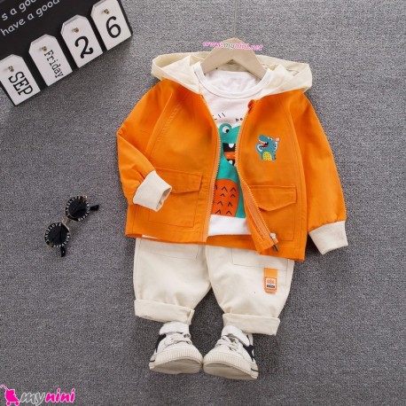 لباس 3 تکه کتان بچه گانه اسپرت نارنجی کروکودیل مارک فشن هپینِس baby hooded cardigan set