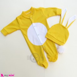 ست سرهمی پوم دار و کلاه گوش دار نوزاد و کودک زرد خرگوش Baby hat and sleepsuits set