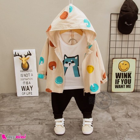 لباس 3 تکه سویشرت دار بچگانه الیاف طبیعی کرمی مشکی گربه مارک بوهوآنا bohuana baby coat set