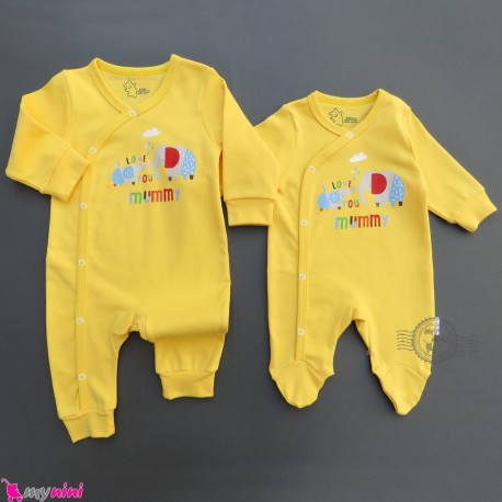 سرهمی نخ پنبه ای نوزاد و کودک زرد فیل Baby cotton sleepsuits