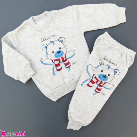 ست بلوز و شلوار گرم توکُرکی بچگانه طوسی خرس Baby warm clothes set