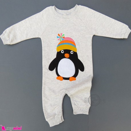 سرهمی بچگانه نخی دورس طوسی پنگوئن Baby warm cotton sleepsuits