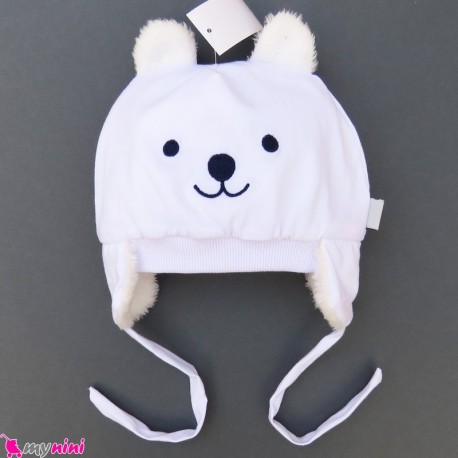 کلاه روگوشی گرم نوزاد داخل خزدار خرس پو سفید Baby warm hats