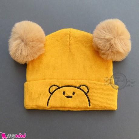 کلاه بافت پوم پوم 2 لایه خرسی زرد وارداتی Baby warm hat
