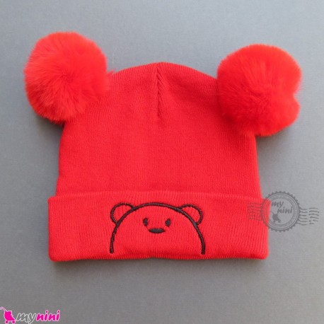 کلاه بافت پوم پوم 2 لایه خرسی قرمز وارداتی Baby warm hat