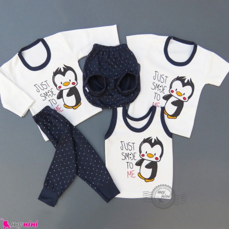 ست لباس 5 تکه نوزاد و کودک سرمه ای پنگوئن Baby clothes set
