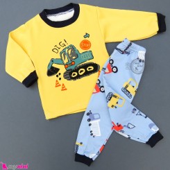 ست بلوز و شلوار گرم توکُرکی بچگانه زرد آبی بیل مکانیکی Baby warm clothes set