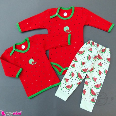 ست لباس یلدا نخی نوزادی بلوز و بادی بلند و شلوار cute watermelon baby clothes