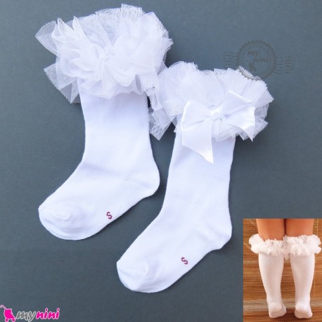 جوراب ساق بلند لب توردار دخترانه نخ پنبه ای سفید girl cotton socks