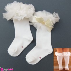 جوراب ساق بلند لب توردار دخترانه نخ پنبه ای شیری girl cotton socks