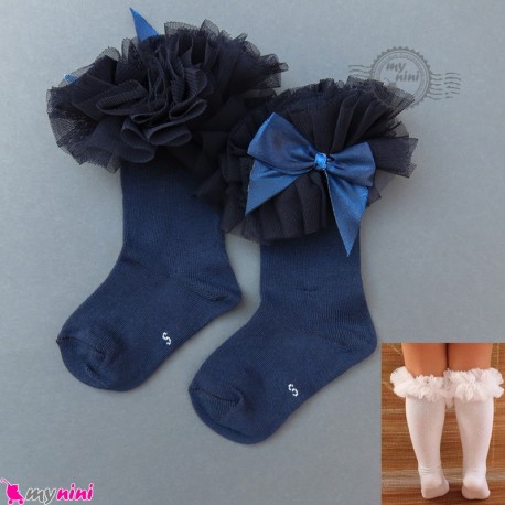 جوراب ساق بلند لب توردار دخترانه نخ پنبه ای سرمه ای girl cotton socks