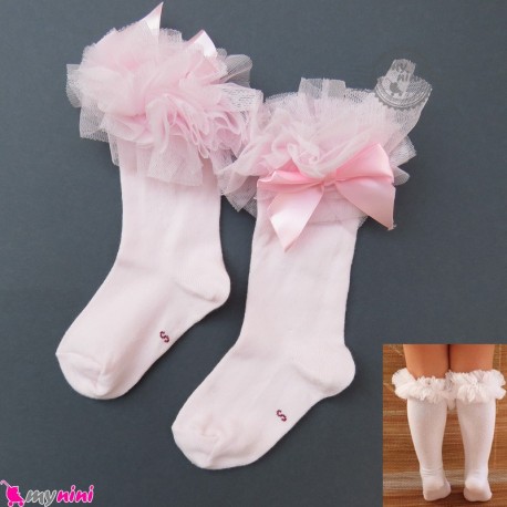 جوراب ساق بلند لب توردار دخترانه نخ پنبه ای صورتی یخی girl cotton socks