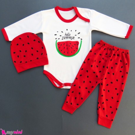 ست 3 تکه لباس یلدا بادی بلند و شلوار و کلاه هندوانه cute watermelon baby clothes