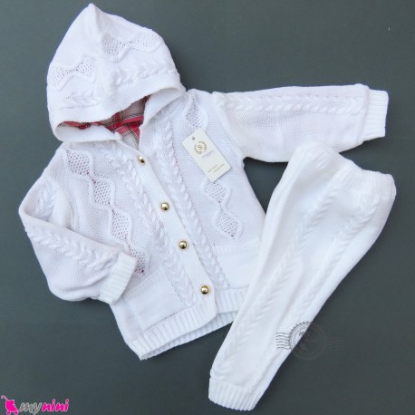ست لباس بافتنی نوزاد و کودک سویشرت آستردار و شلوار رنگ سفید 0 تا 6 ماه baby warm clothes set