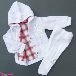 ست لباس بافتنی نوزاد و کودک سویشرت آستردار و شلوار رنگ سفید baby warm clothes set