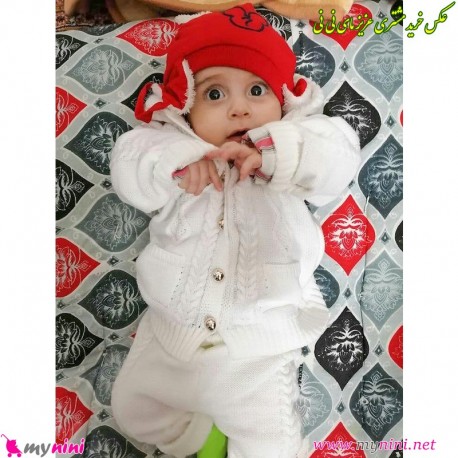 ست لباس بافتنی نوزاد و کودک سویشرت آستردار و شلوار رنگ سفید 0 تا 6 ماه baby warm clothes set