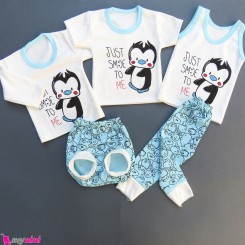 بهترین لباس نوزاد ست 5 تکه نخی آبی پنگوئن Baby clothes set