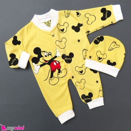 سرهمی و کلاه نوزاد و کودک نخی زرد میکی موس Baby sleepsuits
