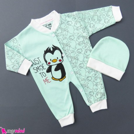 سرهمی و کلاه نوزاد و کودک نخی سبزآبی پنگوئن Baby sleepsuits