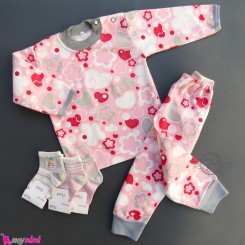بهترین لباس بچه گانه ست بلوز شلوار نوزاد و کودک نخی قرمز صورتی گل و قلب Baby clothes set