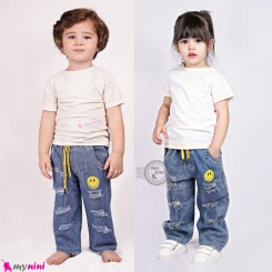شلوار لی بچه گانه زاپدار کمرکشی طرح ایموجی Baby jeans pants