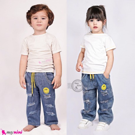 شلوار جین بچه گانه زاپدار کمرکشی طرح ایموجی Baby jeans pants