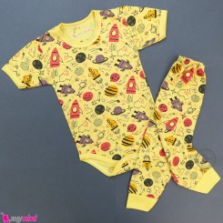 ست لباس بادی آستین کوتاه و شلوار نخی بچه گانه زرد فضایی baby bodysuits set