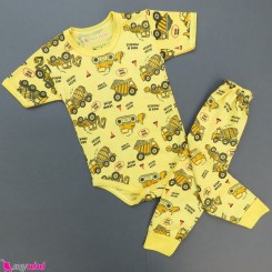 ست لباس بادی آستین کوتاه و شلوار نخی بچه گانه زرد راهسازی baby bodysuits set