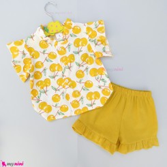 لباس تابستانی دخترانه تیشرت و شلوارک نخی الیاف طبیعی وارداتی زرد گیلاس Baby clothes set