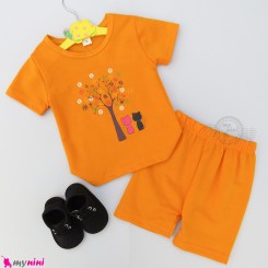 لباس اسپرت تابستانی تیشرت و شلوارک وارداتی پرتقالی طرح گربه مارک فشن هپینس Baby clothes set