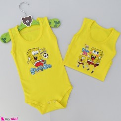 بادی رکابی بچه گانه نخی باکیفیت طرح باب اسفنجی زرد baby bodysuits