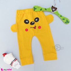 شلوار بچگانه اسلش نخی گوش دار راحتی زرد خرس شیطون baby pants