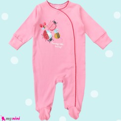 سرهمی نوزاد دخترانه نخ پنبه ای صورتی پروانه و کفشدوزک مارک Baby cotton pajamas