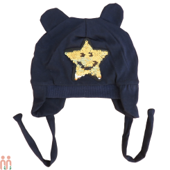 کلاه نوزاد روگوشی خرسی پولک دار 2 لایه سرمه ای ستاره طلایی