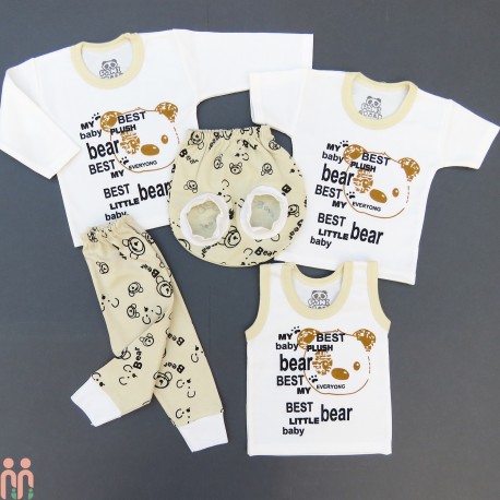 بهترین لباس نوزاد ست 5 تکه نخی نوزاد و کودک کرمی سفید خرس Baby clothes set