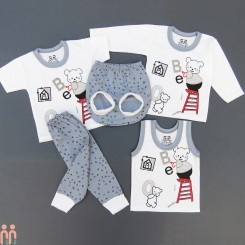 بهترین لباس نوزادی ست 5 تکه نخی نوزاد و کودک طوسی سفید خرس