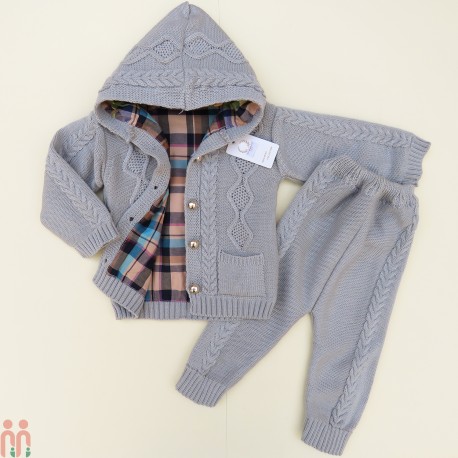 ست لباس بافتنی نوزاد و کودک سویشرت آستردار و شلوار رنگ طوسی baby warm clothes set