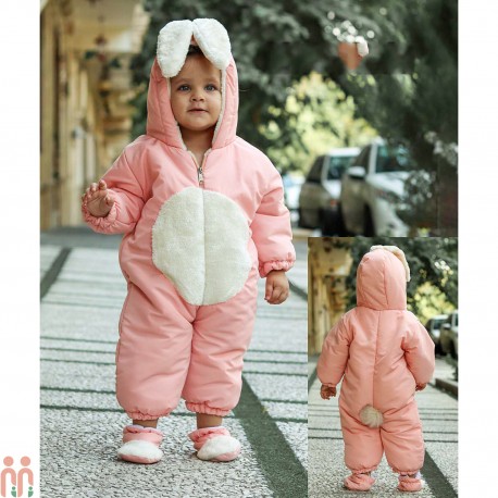 سرهمی کاپشنی گرم نوزاد و کودک کلاهدار 3 لایه گوش دار خرگوش رنگ صورتی