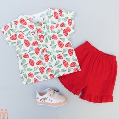 لباس تابستانی دخترانه تیشرت و شلوارک نخی الیاف طبیعی وارداتی قرمز کاج Baby clothes set