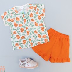 لباس تابستانی دخترانه تیشرت و شلوارک نخی الیاف طبیعی وارداتی نارنجی کاج Baby clothes set