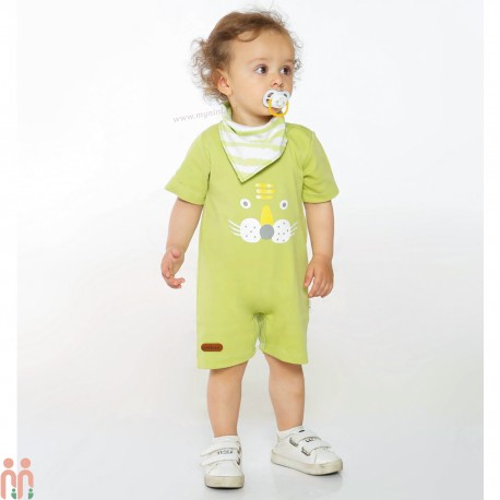 ست رامپر بچه گانه و دستمال گردن نخی ضدحساسیت 2 تکه سبز شیر Baby cotton rompers